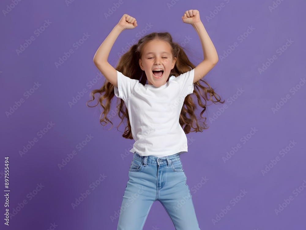 Full size photo of nice young girl jump raise fists wear on purple background Full size photo of nice young girl jump raise fists wear on purple background