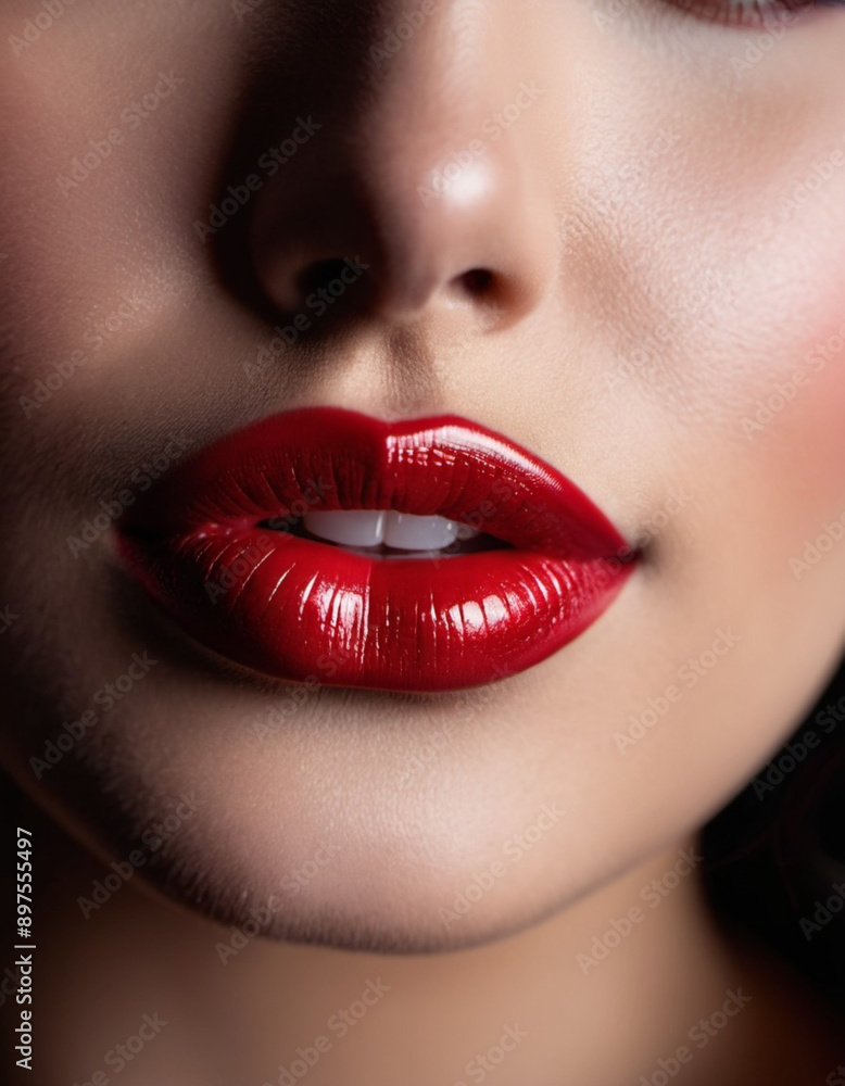 Obraz premium A close-up of a woman's lips, featuring shimmering red lipstick that adds a touch of sparkle. The lips are slightly parted, revealing a glimpse of white teeth. Sensuality and sexuality. AI generated