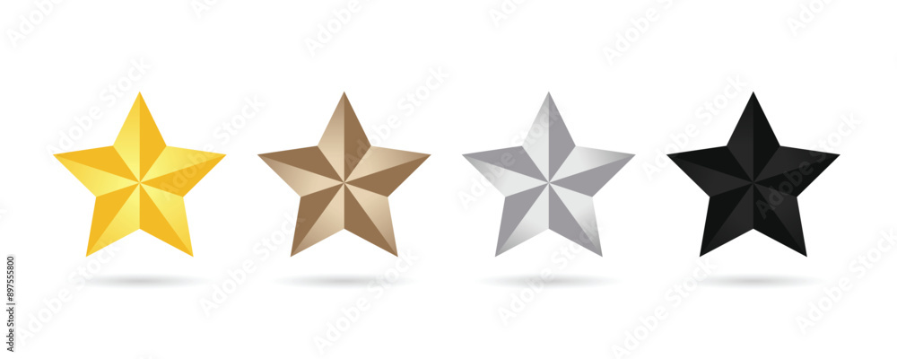 Fototapeta premium Golden, bronze, silver, and black glossy metallic stars 3d realistic style. Leadership, game award, customer feedback symbol vector illustration