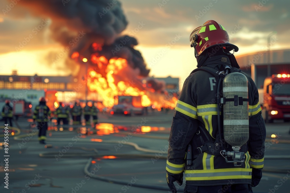 Back of Firefighter in protective gear standing in front of burning building with blurred background Back of Firefighter in protective gear standing in front of burning building with blurred background
