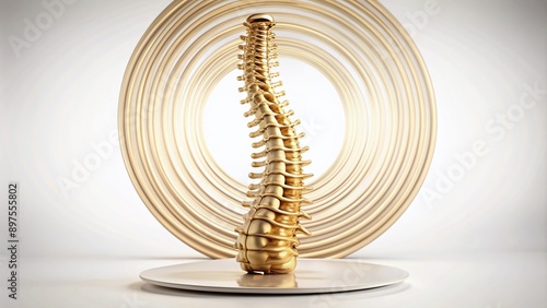 Golden anatomical spine model with vertebras and discs on a white background, surrounded by a subtle spiral pattern, conveying balance and wellness. photo