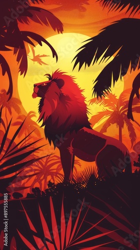 Leo depicted through a vibrant, sun-drenched savannah. ,Dark Color light ,vectorline design , illustration , Mobile Wallpaper photo