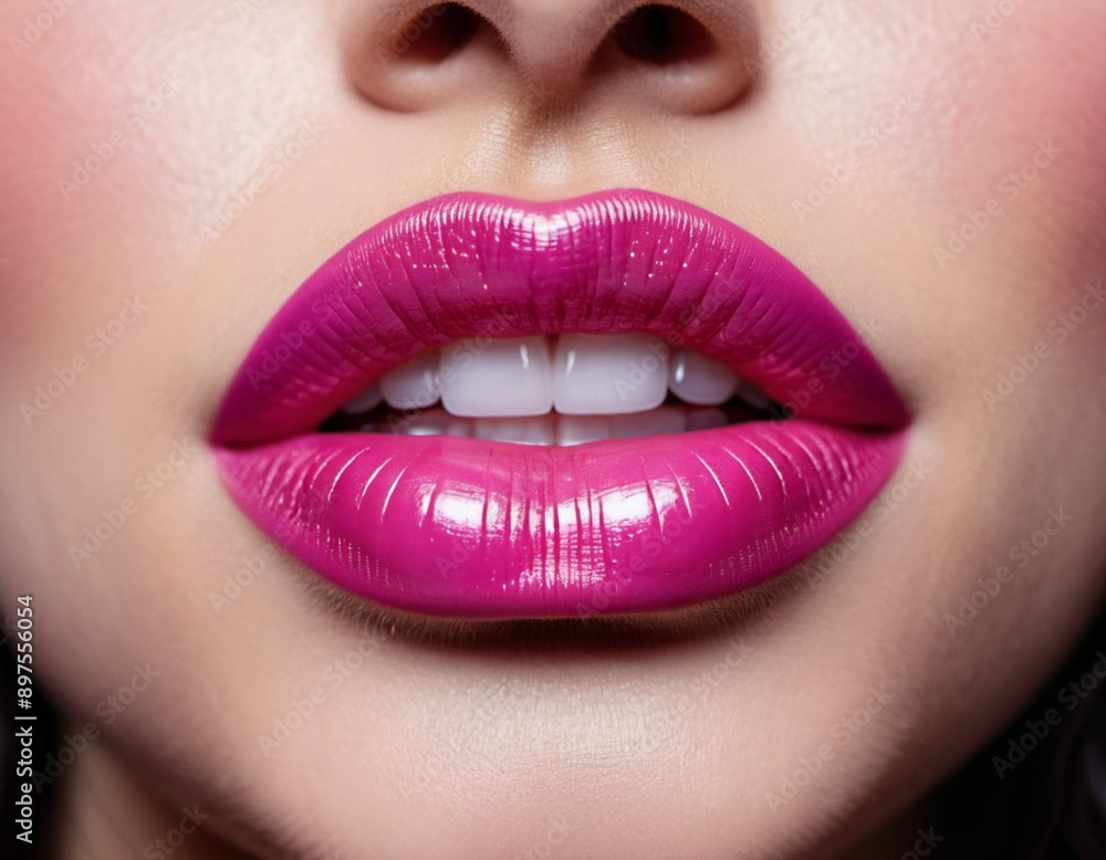 Fototapeta premium Close-up of a woman lips, featuring shimmering magenta pink lipstick that adds a touch of sparkle. Lips are slightly parted, revealing a glimpse of white teeth. Sensuality and sexuality. AI generated