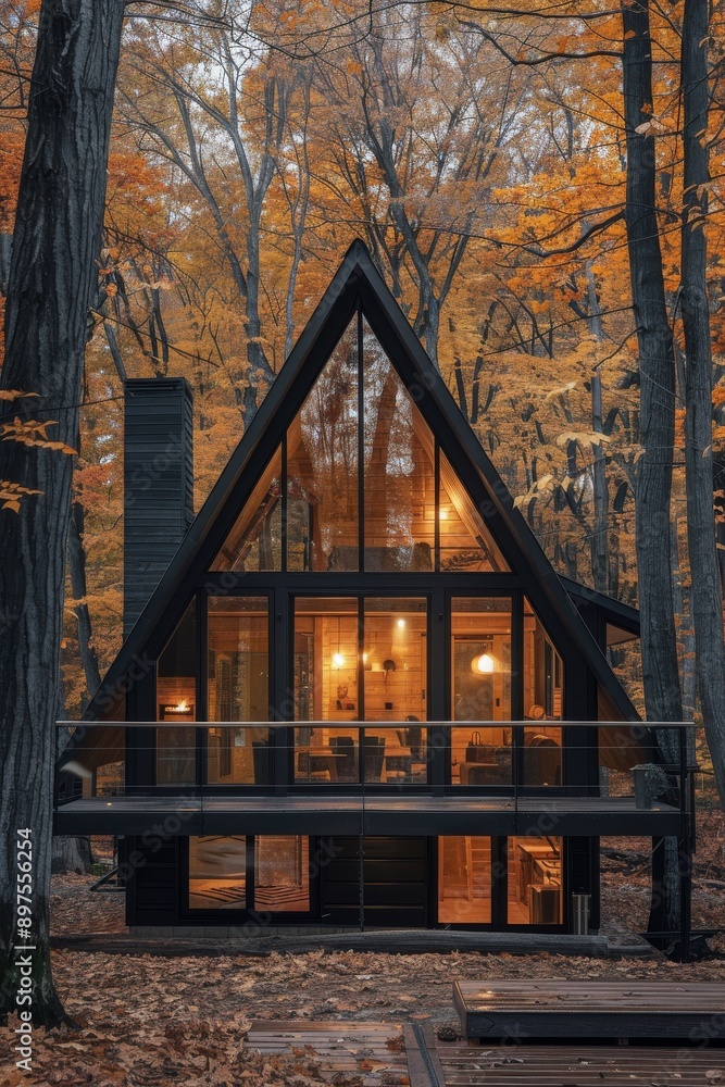 Fototapeta premium Modern Cabin In Autumn Woods