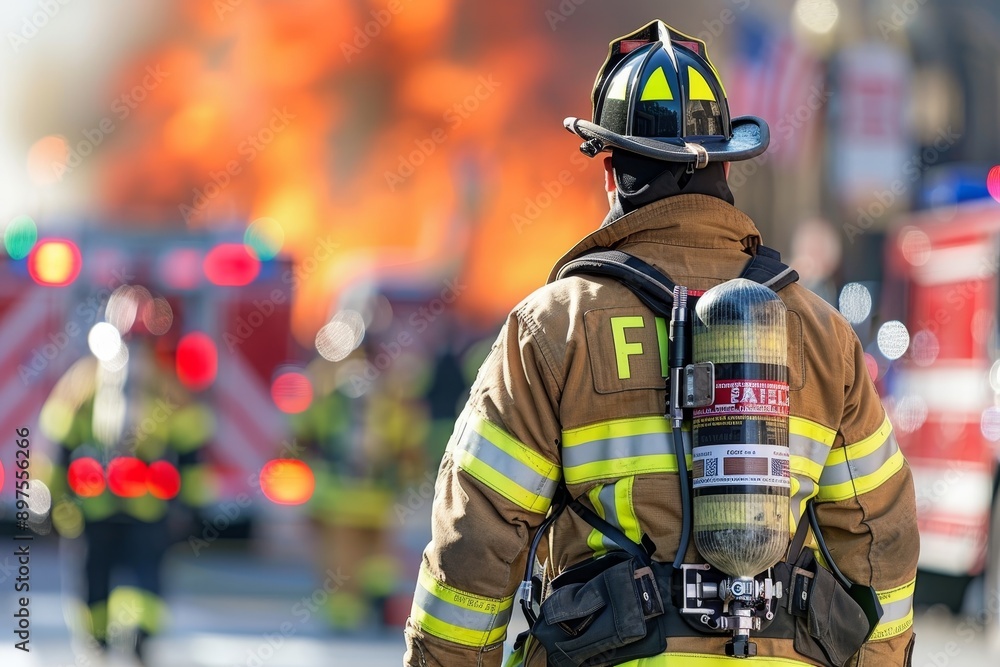 Back of Firefighter in protective gear standing in front of burning building with blurred background Back of Firefighter in protective gear standing in front of burning building with blurred background