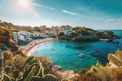 Serene Mediterranean Coastal Village at Sunset with Cactus in Foreground and Azure Waters