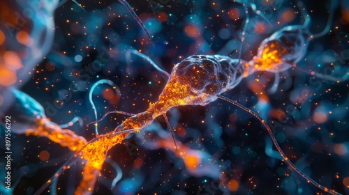 A close-up of neural activity in brain cells, highlighting synaptic connections