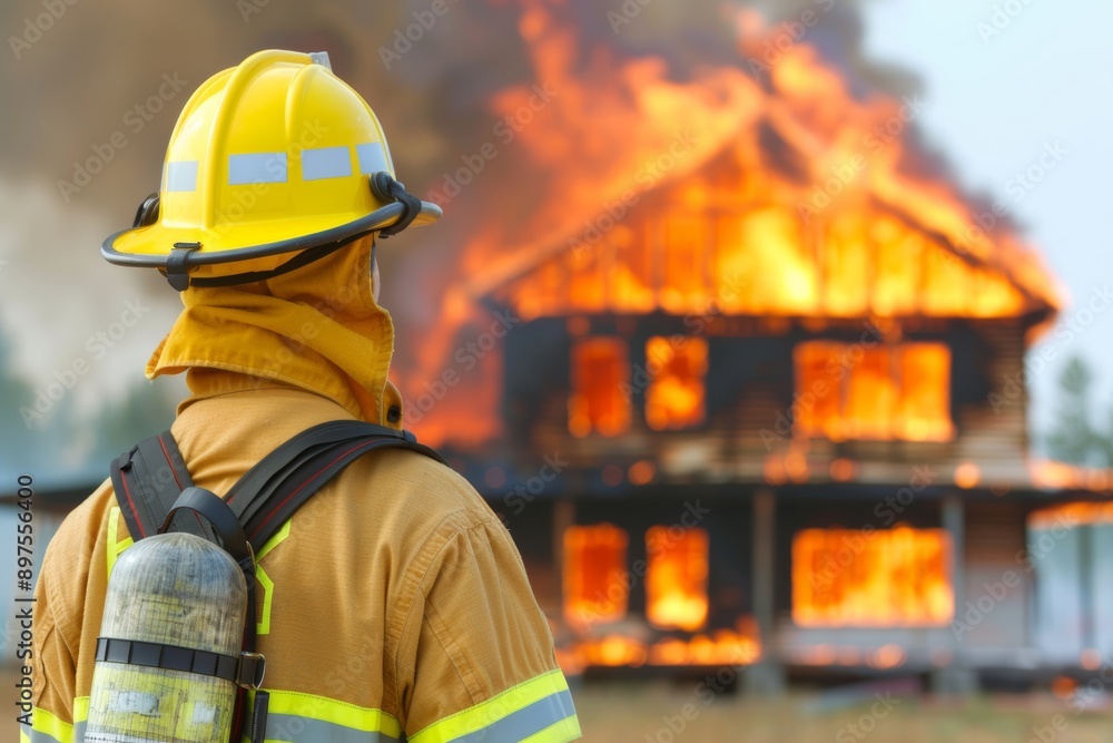 Back of Firefighter in protective gear standing in front of burning building with blurred background