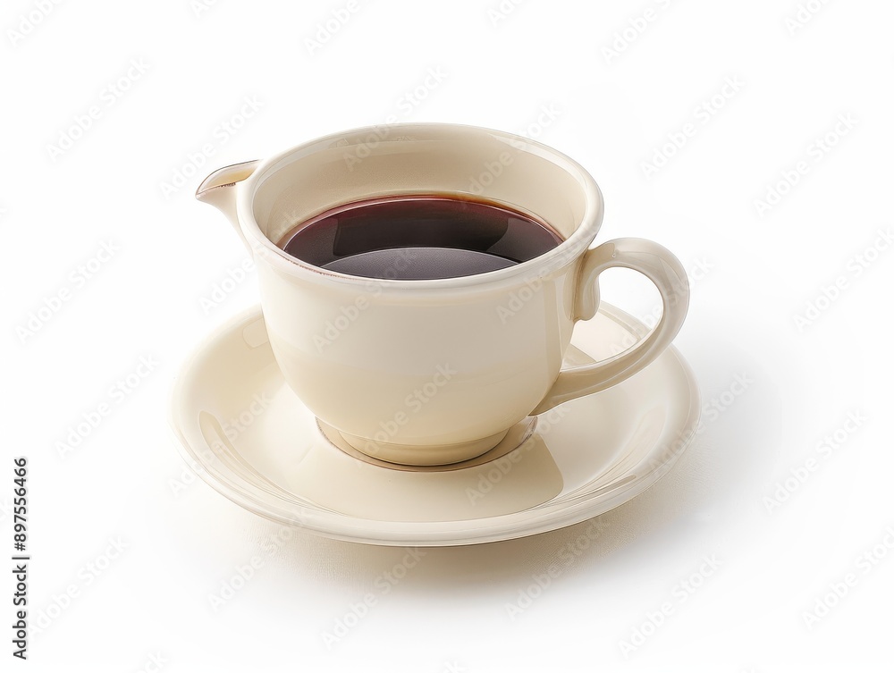 A coffee cup with a saucer and a small jug of milk on a white background A coffee cup with a saucer and a small jug of milk on a white background