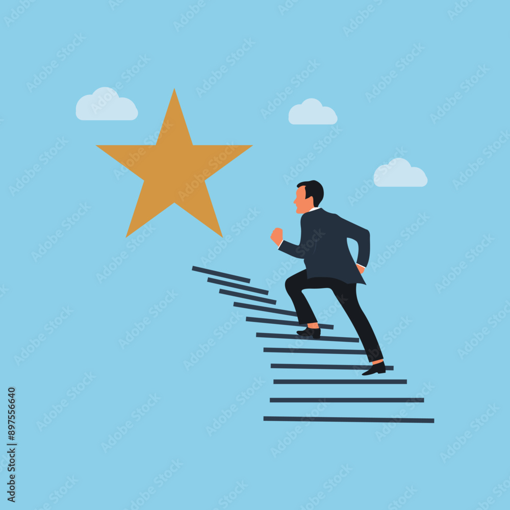 business man moving up the stairs towards his goal, wealth management, money and investment advisor concept. success, business goal. achivment. business man moving up the stairs towards his goal, wealth management, money and investment advisor concept. success, business goal. achivment.