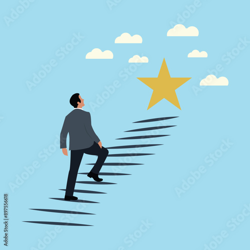 business man moving up the stairs towards his goal, wealth management, money and investment advisor concept. success, business goal. achivment.