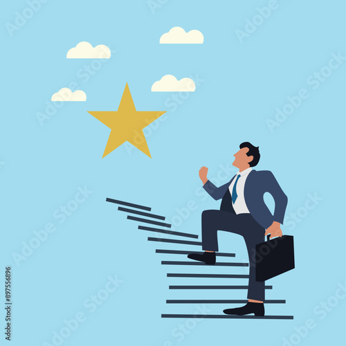 business man moving up the stairs towards his goal, wealth management, money and investment advisor concept. success, business goal. achivment.