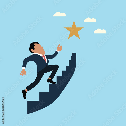 business man moving up the stairs towards his goal, wealth management, money and investment advisor concept. success, business goal. achivment.