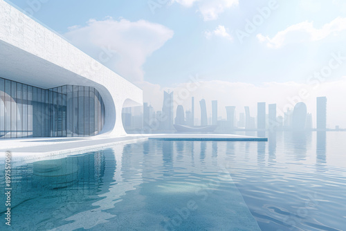 Modern buildings by the lake. The modern urban skyline is in the background.