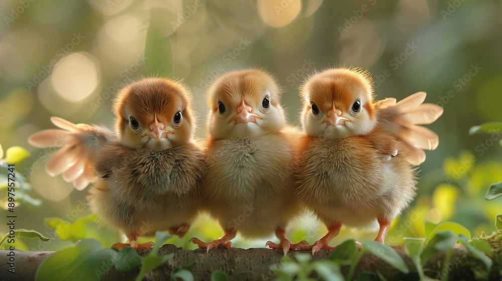 Three Baby Chicks Standing on a Branch in a Garden Three Baby Chicks Standing on a Branch in a Garden