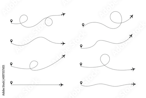 Airplane line path routes. Travel from start point and dotted line tracing. Plane routes flight air dotted. Aircraft route dotted lines. Plane and track icon on a white background.