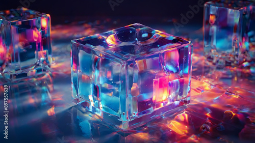 Abstract glass cubes and colorful iridescent particle flow. Fluid dynamic, reflection and refraction. AI