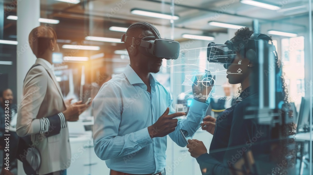 A detailed scene of a tech-savvy entrepreneur working in a stylish office