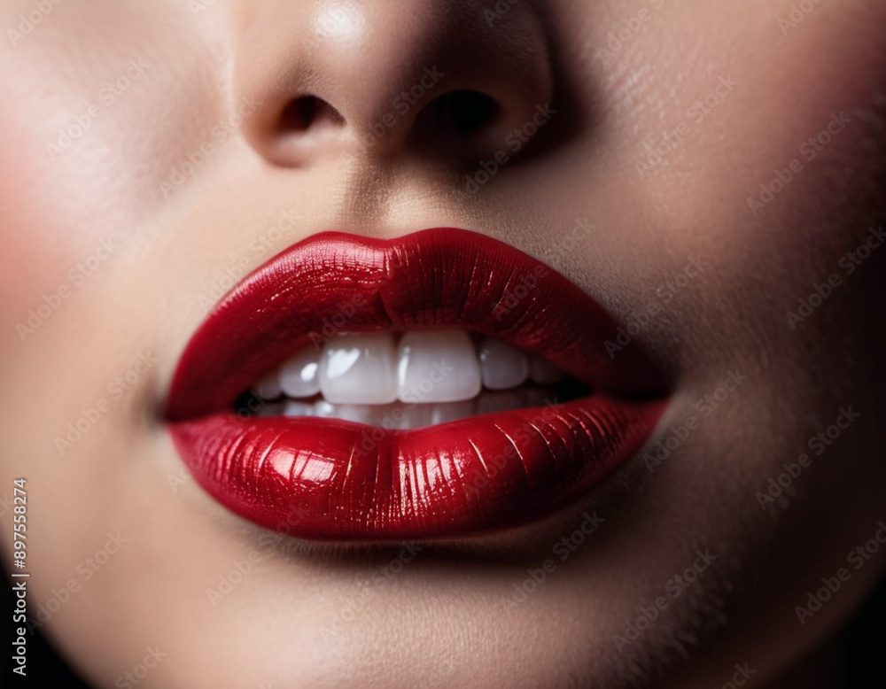 Fototapeta premium A close-up of a woman's lips, featuring shimmering red lipstick that adds a touch of sparkle. The lips are slightly parted, revealing a glimpse of white teeth. Sensuality and sexuality. AI generated