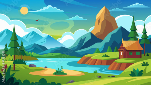 Vector illustration of Mountain and Lake Landscape in Summer