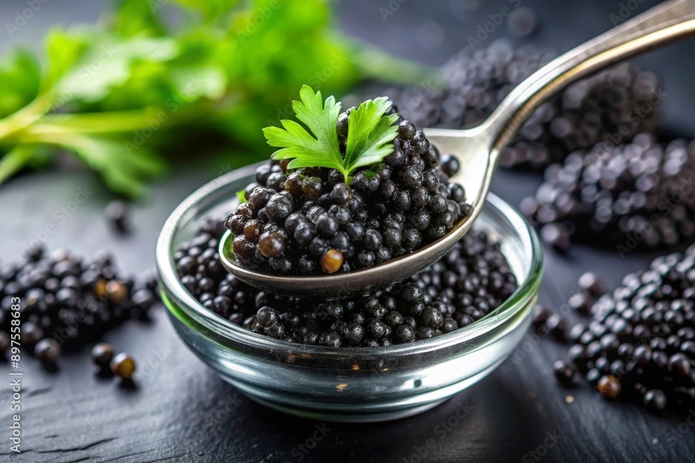 Black caviar in a spoon on dark background Black caviar in a spoon on dark background