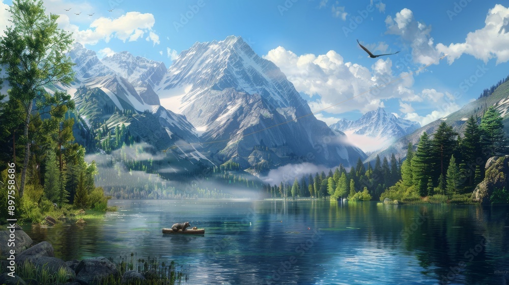 A tranquil mountain lake with bears fishing, eagles soaring, and a backdrop of majestic peaks A tranquil mountain lake with bears fishing, eagles soaring, and a backdrop of majestic peaks