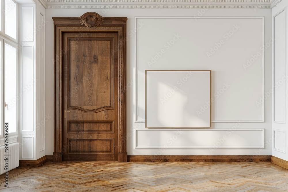 Classic interior with wooden door, parquet floor and mock up poster. Classic interior with wooden door, parquet floor and mock up poster.