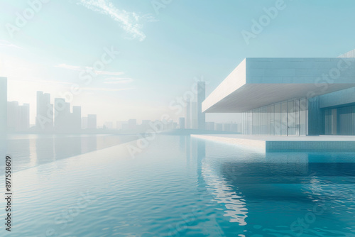 Modern buildings by the lake. The modern urban skyline is in the background.
