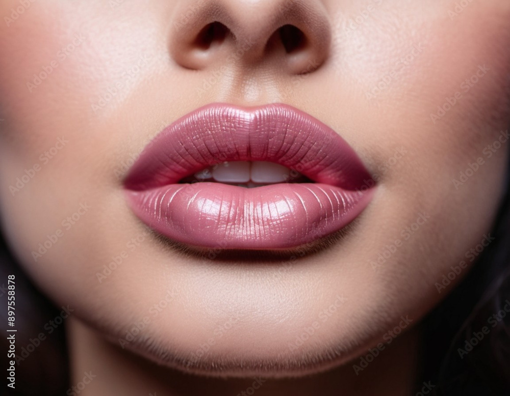 Obraz premium A close-up of a woman's lips, featuring shimmering pink lipstick that adds a touch of sparkle. The lips are slightly parted, revealing a glimpse of white teeth. Sensuality and sexuality. AI generated