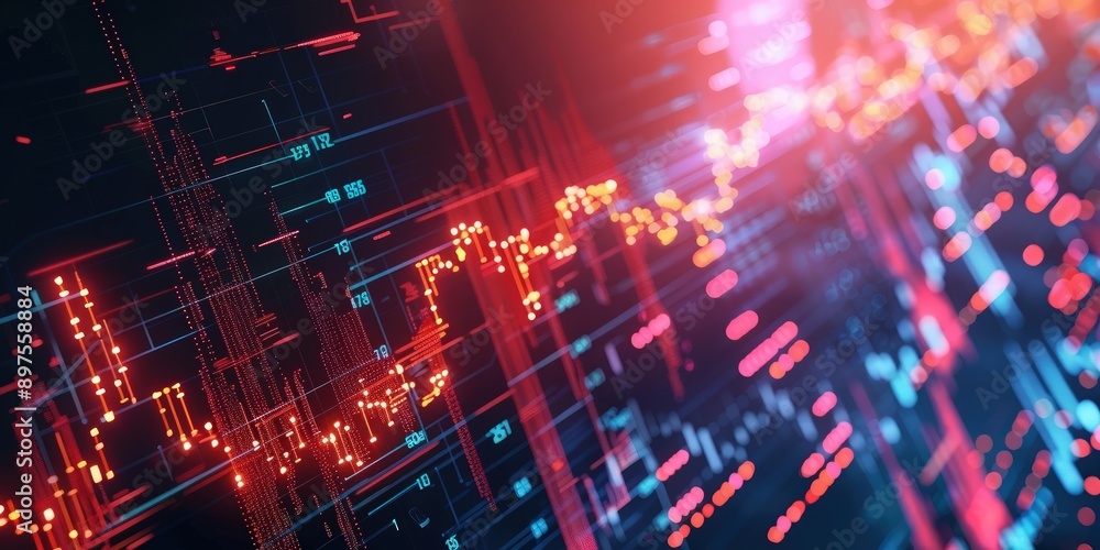 Obraz premium a?'imagine: Futuristic global stock market background, bright lightning patterns highlighting technology and international trade.
