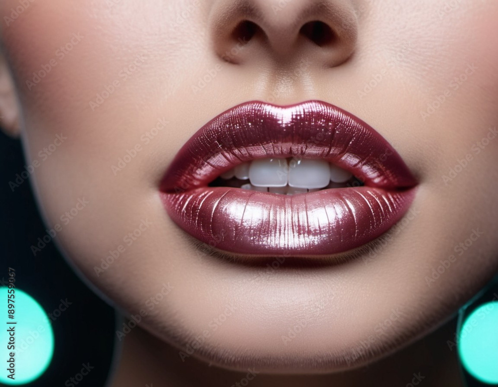 Fototapeta premium Close-up of woman lips, featuring shimmering pearlescent lipstick. Touch of sparkle. Lips are slightly parted, revealing glimpse of white teeth. Sensuality and sexuality. Mother of pearl lipstick. AI