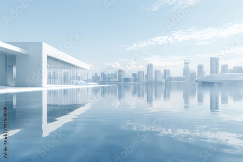 Modern buildings by the lake. The modern urban skyline is in the background.
