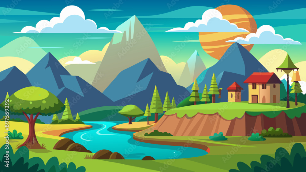 Cartoon mountain landscape with green hills, trees, and a sunny sky. Vector illustration Cartoon mountain landscape with green hills, trees, and a sunny sky. Vector illustration
