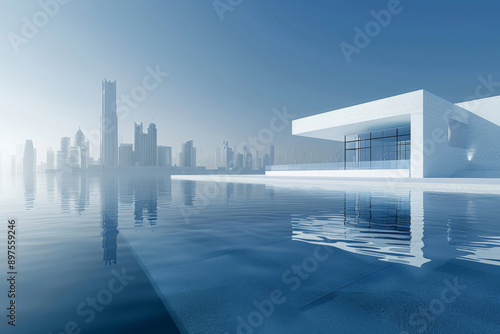 Modern buildings by the lake. The modern urban skyline is in the background.