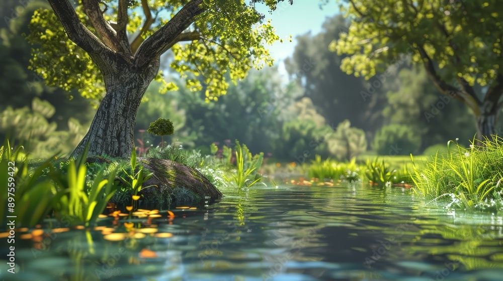 Naklejka premium Serene landscape featuring a large tree by a calm pond with lush greenery and flowers, illuminated by sunlight