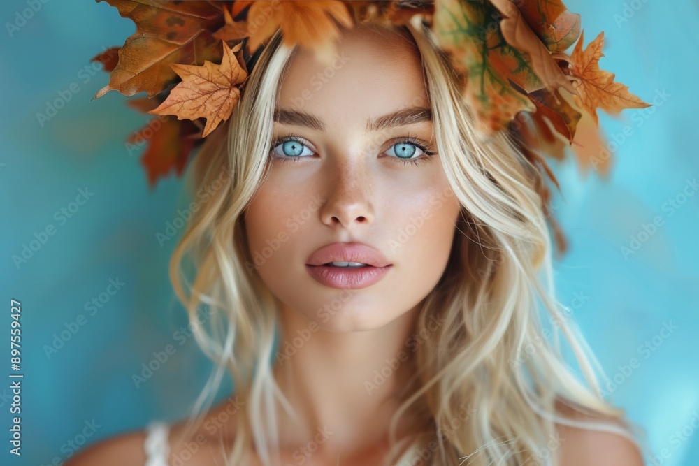 Blonde Woman Wearing Autumn Leaves Crown Blonde Woman Wearing Autumn Leaves Crown