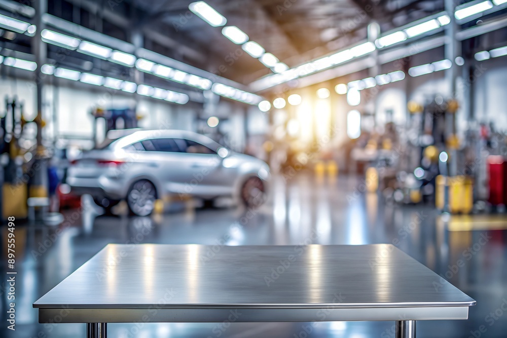 A metal blank tabletop with blurred automotive tools and parts in the background suitable for promoting automotive products