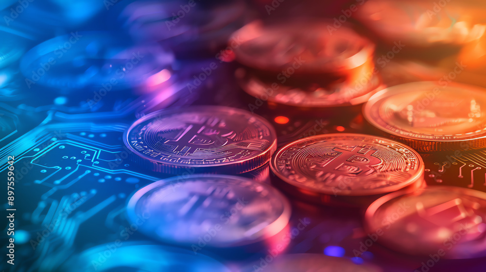 Virtual currencies for employee rewards, side view, creating a fun incentive system, technology tone, Complementary Color Scheme Virtual currencies for employee rewards, side view, creating a fun incentive system, technology tone, Complementary Color Scheme