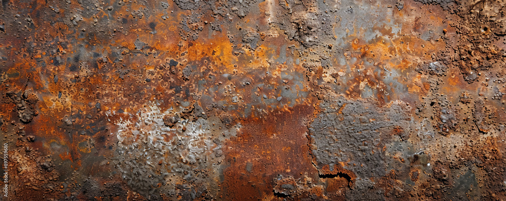 An old metal background with intricate rust patterns and weathered textures, showing the effects of time.