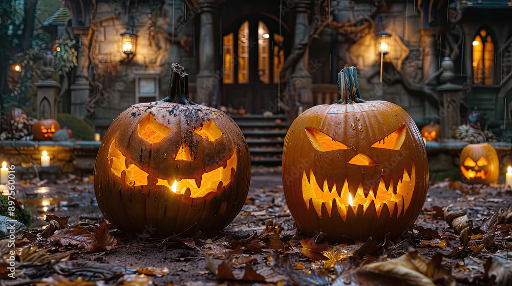 Carved pumpkins with candles inside, autumn leaves, spooky house Carved pumpkins with candles inside, autumn leaves, spooky house