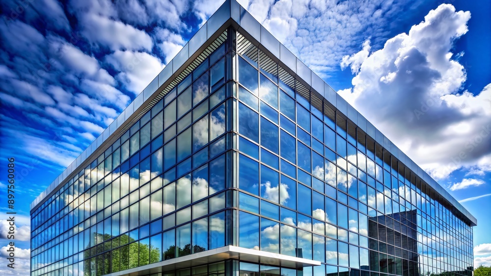 Modern office building exterior with sleek reflective glass windows and steel framework, set against a clear blue sky with fluffy white clouds. Modern office building exterior with sleek reflective glass windows and steel framework, set against a clear blue sky with fluffy white clouds.