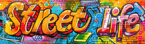 Colorful graffiti on a brick wall.