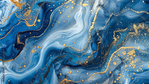 Abstract blue and gold marble background, luxury illustration with flowing liquid paint