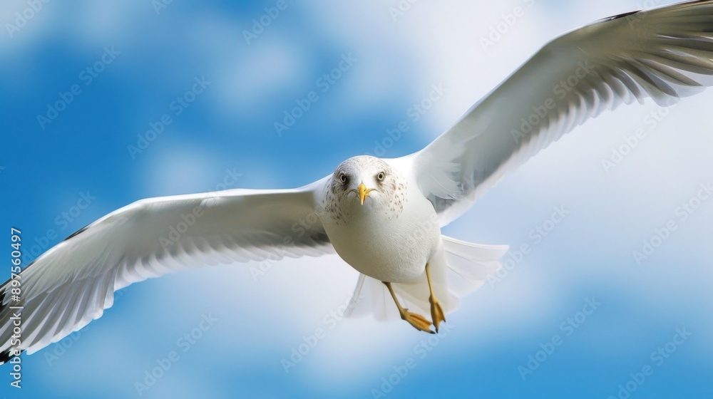 Seagull in flight, with wings spread against a blue sky background Seagull in flight, with wings spread against a blue sky background