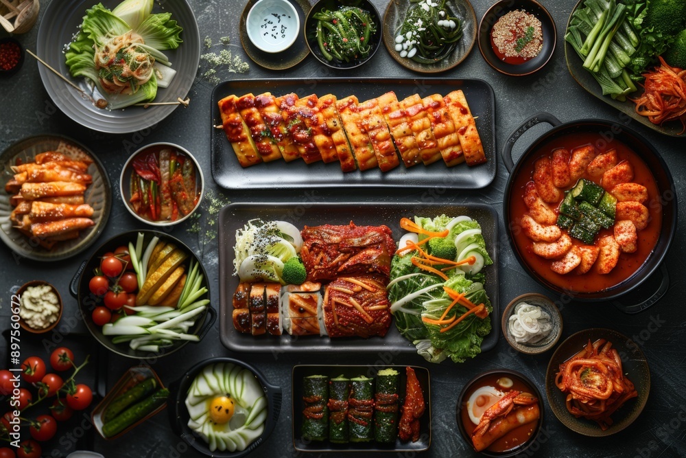 spread of traditional Korean food with kimchi as a central element