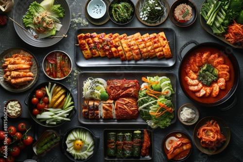 Obraz na płótnie spread of traditional Korean food with kimchi as a central element w salonie
