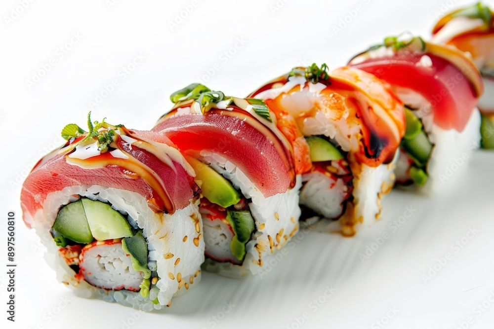 A California sushi roll, perfectly formed and sliced, isolated on a white background. A California sushi roll, perfectly formed and sliced, isolated on a white background.