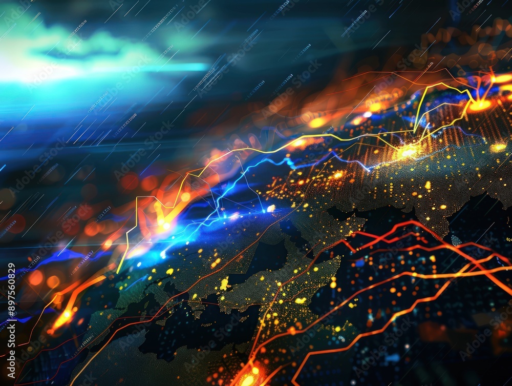 Global stocks and technology theme with dynamic lightning streaks highlighting international trends. Global stocks and technology theme with dynamic lightning streaks highlighting international trends.