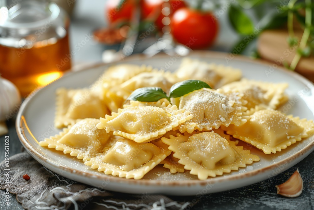 white ceramic plate piled high with plump, golden-brown ravioli, filled with a creamy white cheese, glistening with sauce white ceramic plate piled high with plump, golden-brown ravioli, filled with a creamy white cheese, glistening with sauce