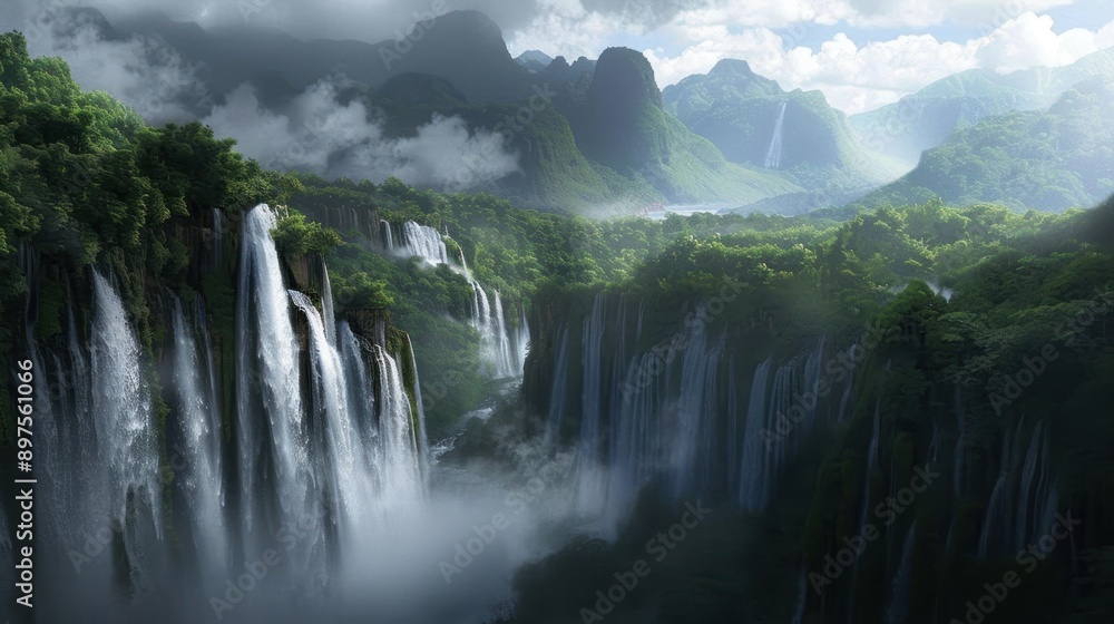 Fototapeta premium Misty Mountain Landscape with Numerous Waterfalls